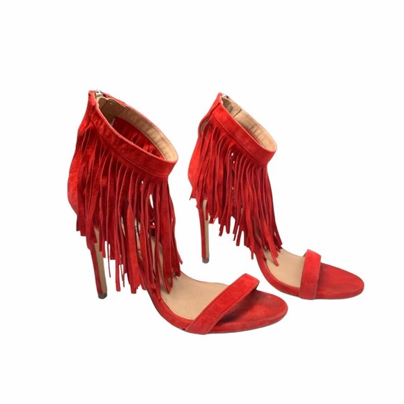 Steve Madden Red Faux Suede Fringe Ankle Strap Hee - Picture 1 of 9